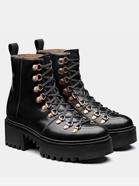 GRENSON Nanette Hiker Platform Lace Up Boots Black Leather Rose Gold